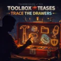Cinematic neon-style artwork of a silhouetted person reaching toward a glowing toolbox display in a dark workshop. Text at the top reads “TRANSMISSION v1.9.0,” “TOOLBOX 🧰 TEASES,” and “TRACE THE DRAWERS.” The open toolbox screen shows bright outlined icons like a hammer, folder, microphone, shield, ring, and cube, surrounded by hanging tools, a warm lightbulb, and a small gabro logo in the bottom right.