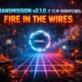 Retro-futuristic digital artwork of a glowing cyber room filled with old CRT televisions, hanging cables, smoke, sparks, and a neon grid floor. Large text reads “TRANSMISSION v2.1.0 // CLIP DISPATCHES: FIRE IN THE WIRES,” with a bright circular “LOADING...” portal glowing in the center. Flames flicker through the wires overhead, vintage monitors line both sides, and a small gabro logo appears in the bottom right.