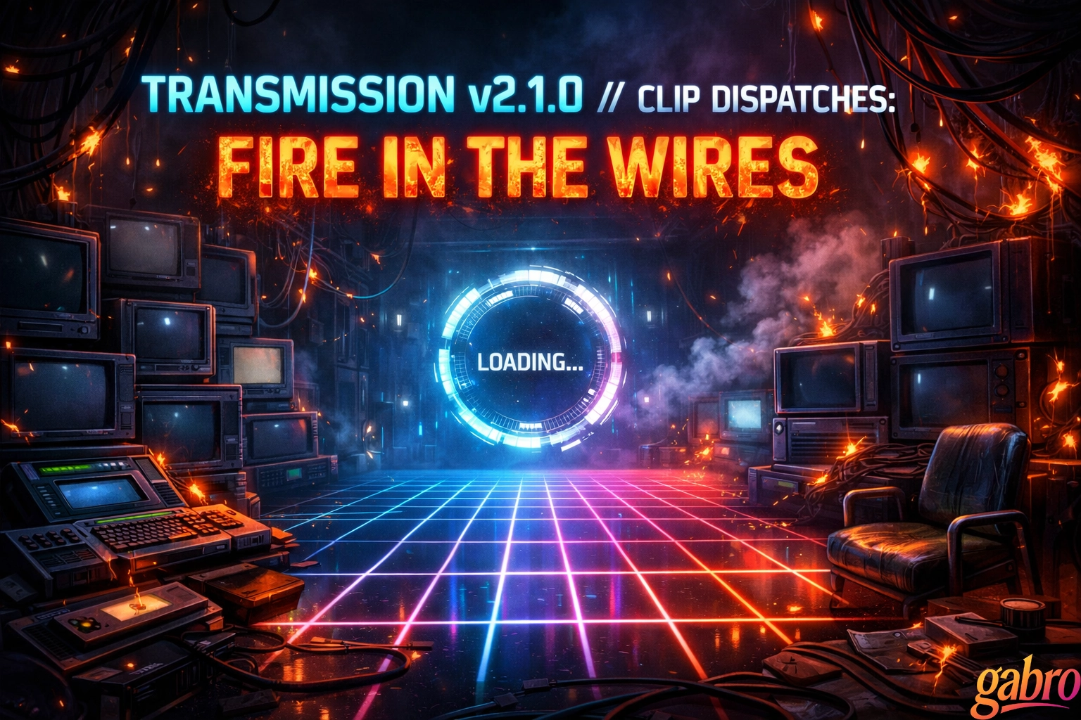 Retro-futuristic digital artwork of a glowing cyber room filled with old CRT televisions, hanging cables, smoke, sparks, and a neon grid floor. Large text reads “TRANSMISSION v2.1.0 // CLIP DISPATCHES: FIRE IN THE WIRES,” with a bright circular “LOADING...” portal glowing in the center. Flames flicker through the wires overhead, vintage monitors line both sides, and a small gabro logo appears in the bottom right.
