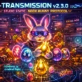 Neon cyberpop artwork of a rabbit wearing sunglasses and a dark jacket, seated in front of glowing control screens and surrounded by carrots, casino chips, and colorful decorated eggs. Text across the top reads “TRANSMISSION v2.3.0 // STUDIO STATIC: NEON BUNNY PROTOCOL //,” with side panels saying “PROTOCOL ACTIVE” and “STATUS: ACID.” A glowing golden crowned egg is held at center, with the phrase “kindness is a radical fight.” near the lower left and a gabro logo at the bottom.