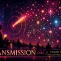 Un póster sci-fi brillante muestra un anfiteatro oscuro donde figuras sentadas sostienen pequeñas luces y miran hacia un enorme muro luminoso lleno de íconos flotantes, corazones y anillos concéntricos de señal. Un rayo brillante conecta con un punto en forma de corazón cerca del centro, sugiriendo un ping de radar o una red de escucha. Un texto grande en la parte inferior dice “TRANSMISSION v2.8.0 // PINGS DE RADAR: EL LIGHTWALL ESTÁ ESCUCHANDO”, y un pequeño logo de gabro aparece en la esquina superior izquierda.