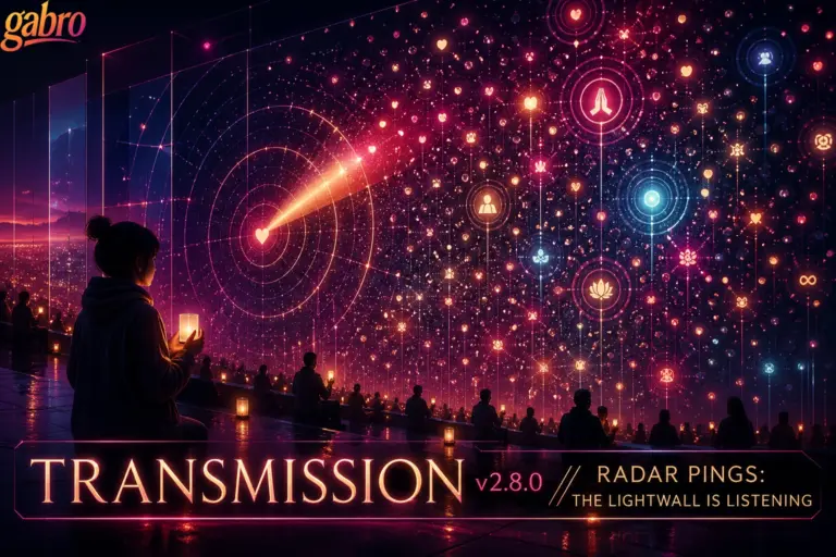 Un póster sci-fi brillante muestra un anfiteatro oscuro donde figuras sentadas sostienen pequeñas luces y miran hacia un enorme muro luminoso lleno de íconos flotantes, corazones y anillos concéntricos de señal. Un rayo brillante conecta con un punto en forma de corazón cerca del centro, sugiriendo un ping de radar o una red de escucha. Un texto grande en la parte inferior dice “TRANSMISSION v2.8.0 // PINGS DE RADAR: EL LIGHTWALL ESTÁ ESCUCHANDO”, y un pequeño logo de gabro aparece en la esquina superior izquierda.