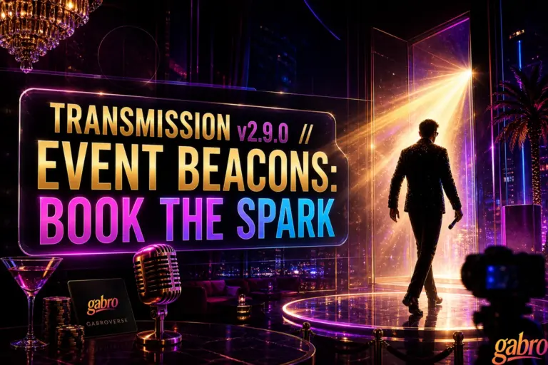 Una elegante gráfica promocional de neón para gabroverse muestra un lounge glamoroso tipo escenario con luces de ciudad brillantes, una copa martini, fichas de póker y un micrófono en primer plano. Un texto grande dice “TRANSMISSION v2.9.0 // BALIZAS DE EVENTOS: RESERVA LA CHISPA”, mientras una figura en silueta sosteniendo un micrófono camina hacia una puerta abierta radiante llena de luz dorada. A la derecha aparece la silueta de una cámara, y un pequeño logo de gabro está en la esquina inferior derecha.