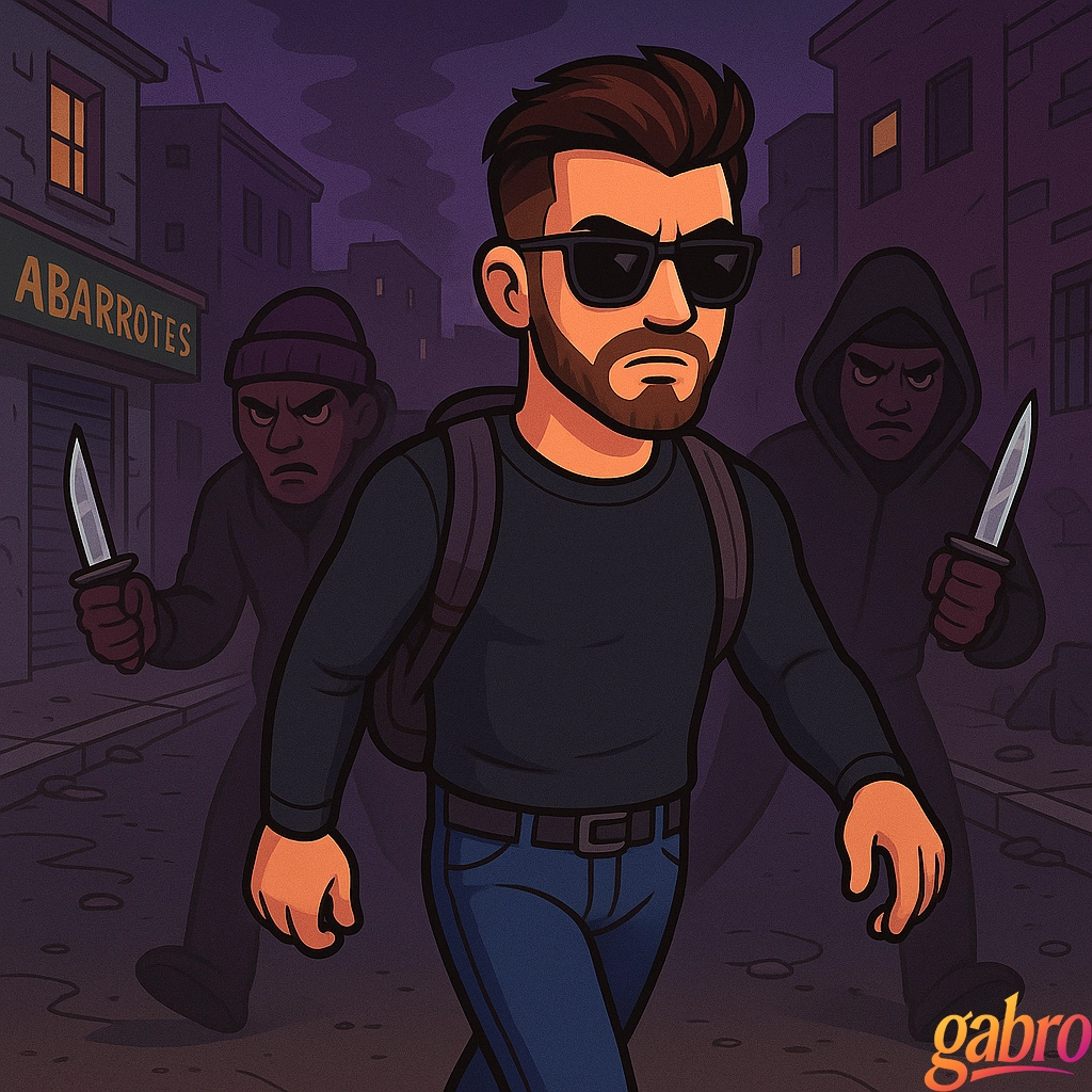 Cartoon version of gabro walking confidently down a dark Mexico City street with a backpack, wearing sunglasses and long sleeves, while two hooded men with knives lurk behind him in the shadows.
