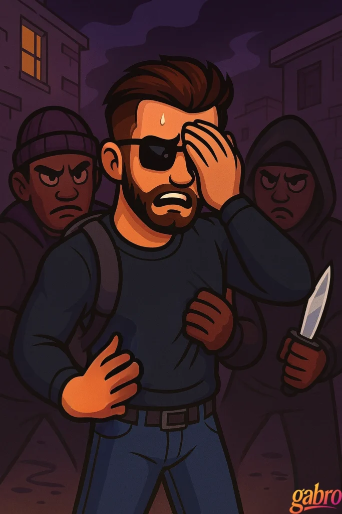 Cartoon gabro standing in a dark Mexico City alley, sweating and covering one eye in fear as two men close in behind him with knives, their faces tense and threatening.
