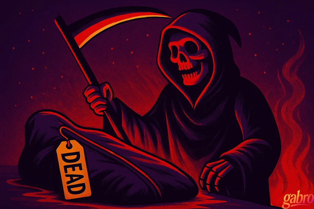 Ilustración de la Parca en tonos rojo oscuro y morado, sosteniendo una guadaña e inclinándose sobre una bolsa para cadáveres con la palabra “DEAD (muerto)”. La obra, de estilo estilizado, tiene iluminación dramática, una sonrisa siniestra en el rostro de la calavera, y el logo característico de gabro en la esquina.
