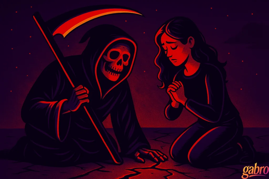 Ilustración en tonos rojo profundo y morado que muestra a la Parca arrodillada junto a una mujer sobre un suelo agrietado que brilla tenuemente. La figura encapuchada de la Parca y su guadaña resplandeciente crean una luz inquietante, mientras la mujer se arrodilla con las manos entrelazadas y los ojos cerrados, entre tristeza y reflexión. La escena se siente cinematográfica, simbólica de un destino pausado o reescrito, con el logo de gabro en la esquina.