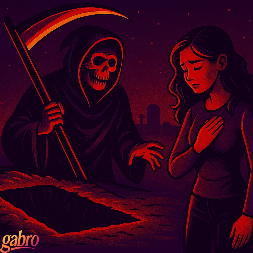 Ilustración de la Parca y una mujer afligida de pie junto a una tumba abierta en la noche. La Parca, cubierta con una capa negra y una guadaña roja resplandeciente, extiende una mano esquelética hacia la mujer, que baja la cabeza y se lleva una mano al pecho con dolor. La escena está iluminada en tonos rojo profundo y morado, creando una atmósfera sombría y fantasmal.