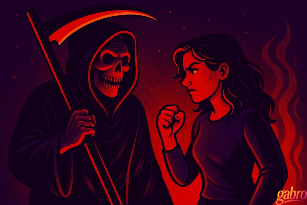 Ilustración de la Parca frente a una mujer desafiante. La Parca, envuelta en una capa negra y sosteniendo una guadaña roja brillante, sonríe de forma amenazante mientras la mujer le sostiene la mirada con el puño apretado, lista para pelear. La escena está iluminada en tonos rojo profundo y morado, creando una atmósfera intensa y encendida. El logo de gabro aparece en la esquina inferior derecha.