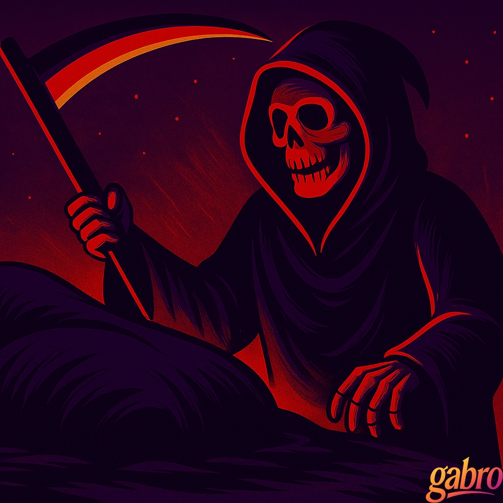 Ilustración de la Parca arrodillada junto a un montículo de tierra durante la noche. La figura esquelética, cubierta con una capa negra con detalles rojos brillantes, sujeta una guadaña de hoja ardiente y mira hacia abajo con una sonrisa siniestra. La escena resplandece en tonos rojo profundo y morado, evocando un ambiente inquietante y fantasmal. El logo de gabro aparece en la esquina inferior derecha.