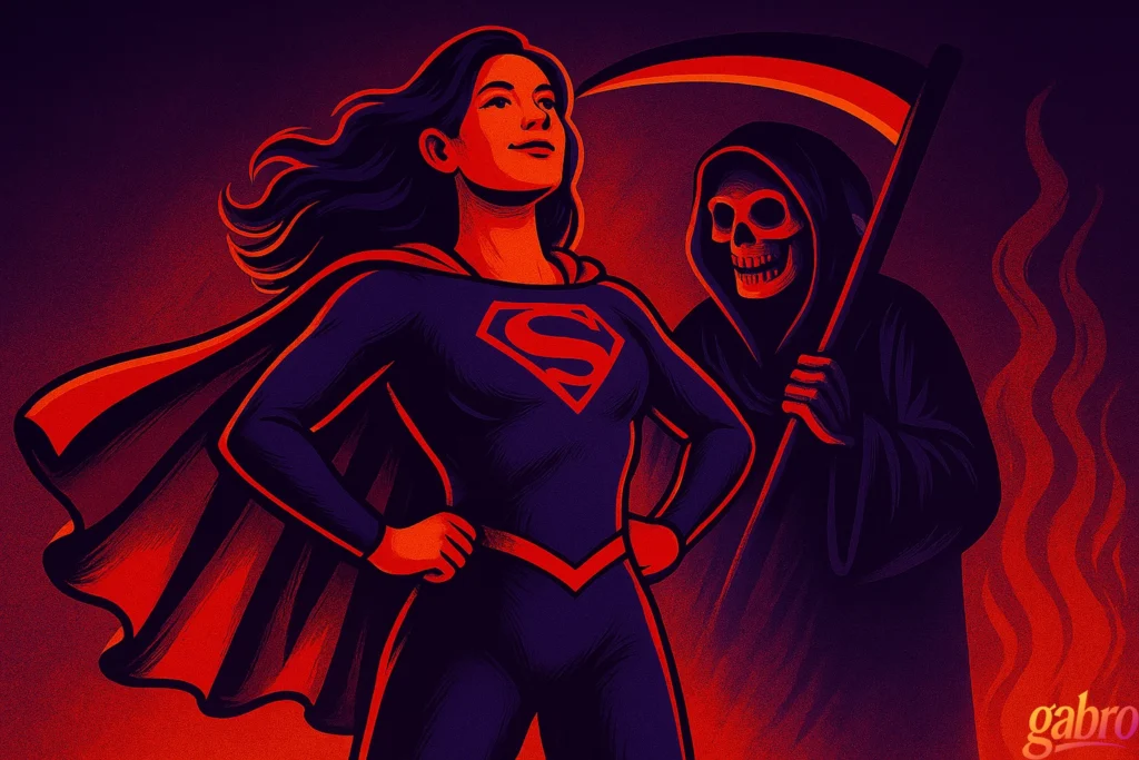 Ilustración de una mujer segura de sí misma vestida como Supergirl, erguida con las manos en la cintura y la capa ondeando detrás de ella. Mira hacia arriba con orgullo mientras la Parca, envuelta en negro y sosteniendo una guadaña roja resplandeciente, permanece detrás con una sonrisa siniestra. La escena está iluminada en tonos intensos de rojo y morado, simbolizando el triunfo sobre el miedo. El logo de gabro aparece en la esquina inferior derecha.